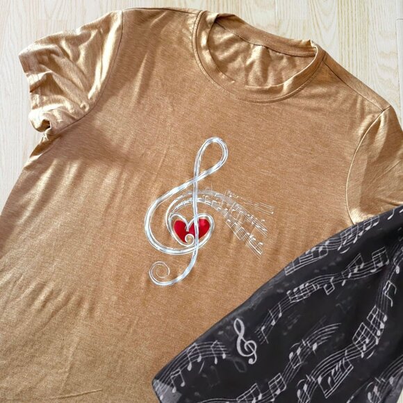Tan Music Tee Treble Clef Heart Graphic Size XL Casual Minimalist Boho Western - Picture 1 of 6